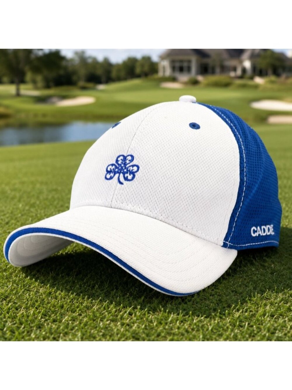 Erin Hills Golf Hap White Blue Clover Embroidered Flex Fit Caddie Cap